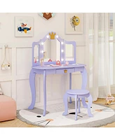 Kids Vanity Set with Tri-Fold Lighted Mirror, Detachable Top, and Stool Fun Dressing Table for