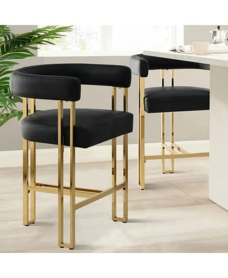 Modern Black Faux Leather Bar Stools Set of 2–Gold Metal Frame, Counter Height Chairs with Backrest-Maison Boucle