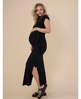 Women's Crew Neck Short Sleeve Side Tie Maternity Midi Dress - Motherhood