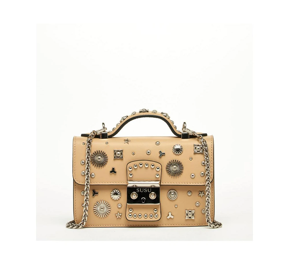 Susu The Hollywood Leather Crossbody Studded Bag Beige