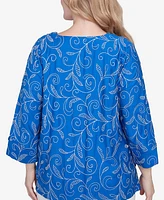 Alfred Dunner Plus Parrot Cay Scroll Embroidered Cuff Sleeve Top