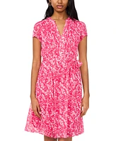 Msk Petite Printed Split-Neck Pin-Tuck Tie Waist Dress