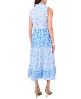 Msk Petite Printed Ruffle-Neck Button-Front Maxi Dress