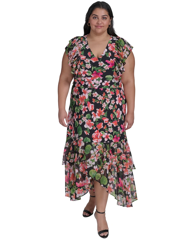 Tommy Hilfiger Plus Floral-Print Mixed-Media Maxi Dress