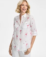 Charter Club Women's Linen Flamingo-Print Roll-Tab Shirt, Exclusively at Macy's