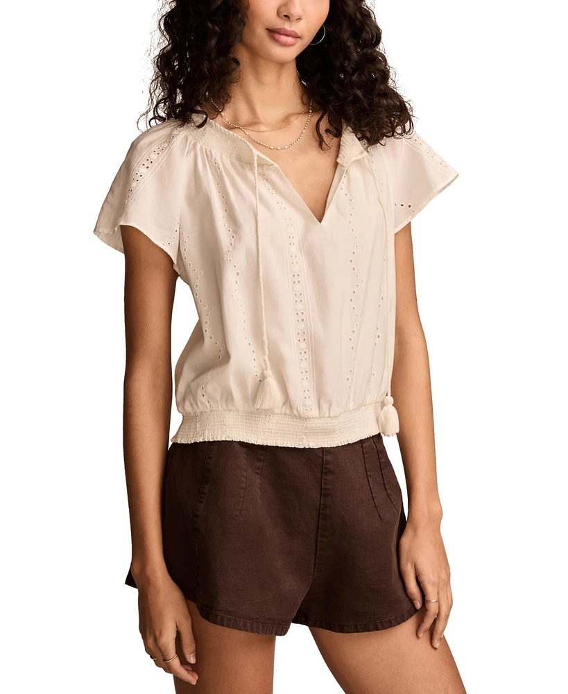 Lucky Brand Women's Solid Smocked Hem Blouse