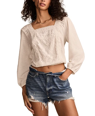 Lucky Brand Women's Cotton Lace-Trim Eyelet-Embroidered Top