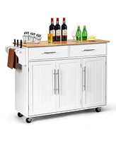 Rolling Kitchen Trolley Cart with Wood Countertop and Storage Cabinet