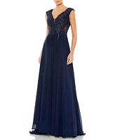 Women's Appliqued Cap Sleeve Bodice Flowy Gown