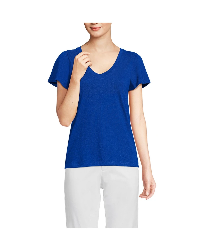 Lands' End Women's Slub Flutter Sleeve V-Neck T-Shirt