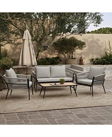 LuxenHome Outdoor Aluminum with Pe Rope Loveseat Sofa with Cushions and Coffee Table Set