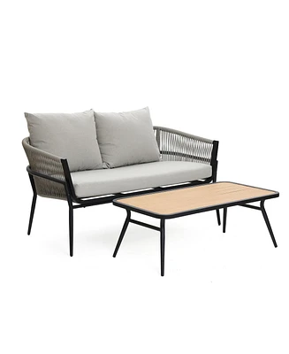 LuxenHome Outdoor Aluminum with Pe Rattan Loveseat Sofa with Cushions and Coffee Table Set