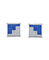 Bling Jewelry Geometric Two Tone Zig Zag Cz Stud Earrings for Men Sterling Silver