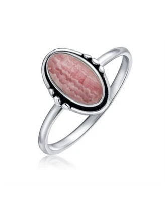 Bling Jewelry Western Boho Delicate Bezel Set Oval Cabochon Natural Rose Pink Rhodochrosite Turquoise Moonstone Ring 1mm Thin Band Oxidized .925 Sterling Silver