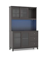 Kitchen Pantry Storage Cabinet Hutch with Led lights and Power Outlet