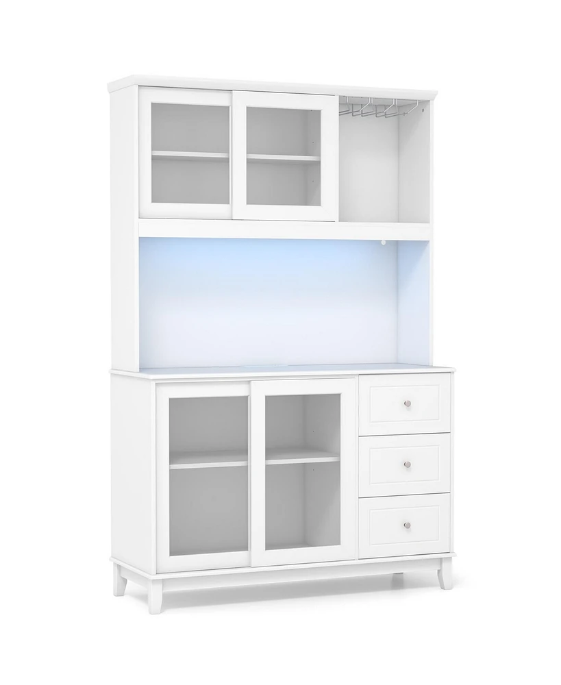 Kitchen Pantry Storage Cabinet Hutch with Led lights and Power Outlet