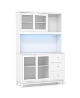 Kitchen Pantry Storage Cabinet Hutch with Led lights and Power Outlet