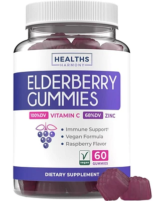 Elderberry Gummies with Vitamin C & Zinc, Immune Support Supplement for Adults, Raspberry Flavor, Health's Harmony, 60ct