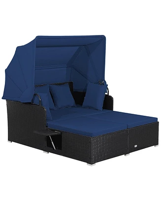 Patio Rattan Daybed with Retractable Canopy and Side Tables