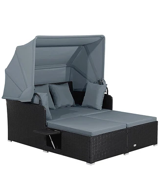 Patio Rattan Daybed with Retractable Canopy and Side Tables