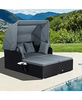 Patio Rattan Daybed with Retractable Canopy and Side Tables