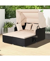 Patio Rattan Daybed with Retractable Canopy and Side Tables
