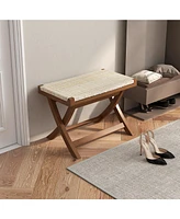 Folding Natural Rattan Ottoman with Hand-woven Seat