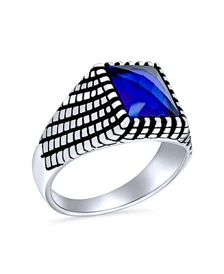 Bling Jewelry Mens Stainless Steel Blue Sapphire Signet Ring Oxidized Silver Handmade