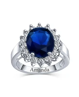 Bling Jewelry Classic Traditional 5CTW Royal Blue Cz Crown Halo Oval Cubic Zirconia Promise Ring Silver Plated