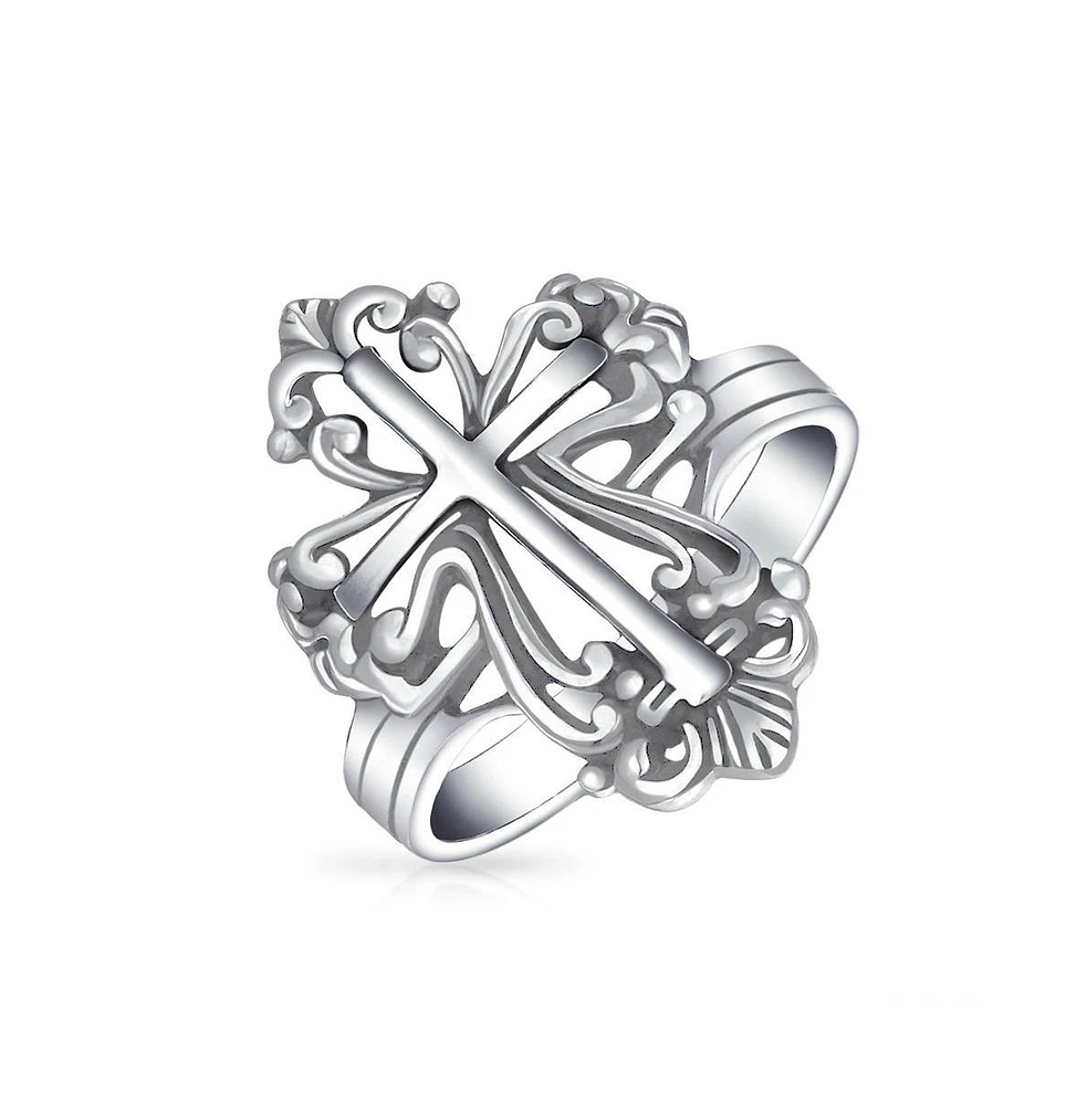 Bling Jewelry Fleur De Lis Cross Silver Ring for Men Oxidized Sterling