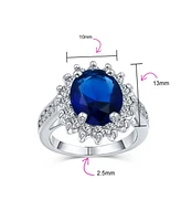 Bling Jewelry Classic Traditional 5CTW Royal Blue Cz Crown Halo Oval Cubic Zirconia Side Stones Promise Ring Silver Plated
