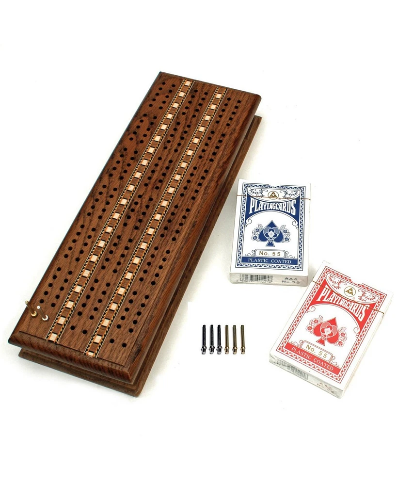 We Games 3 Track Sprint Cabinet Cribbage Set with Metal Pegs & 2 Card Decks