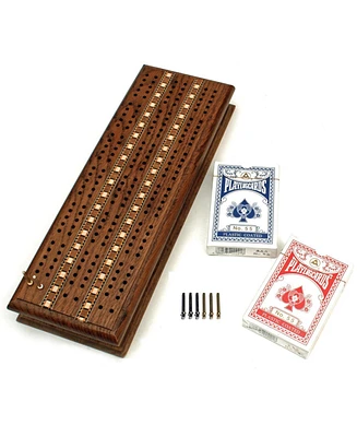 We Games 3 Track Sprint Cabinet Cribbage Set with Metal Pegs & 2 Card Decks