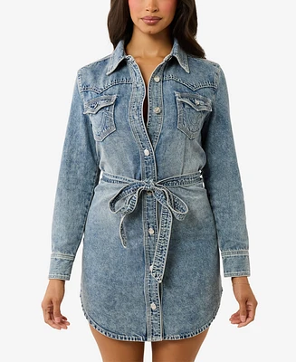 True Religion Women's Georgia Shirt Belted Denim Dress