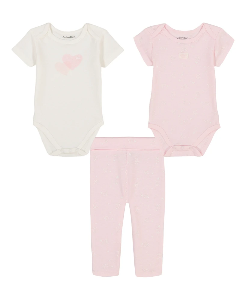 Calvin Klein Baby Girls 3-Piece Logo Hearts Bodysuits and Printed Leggings Set