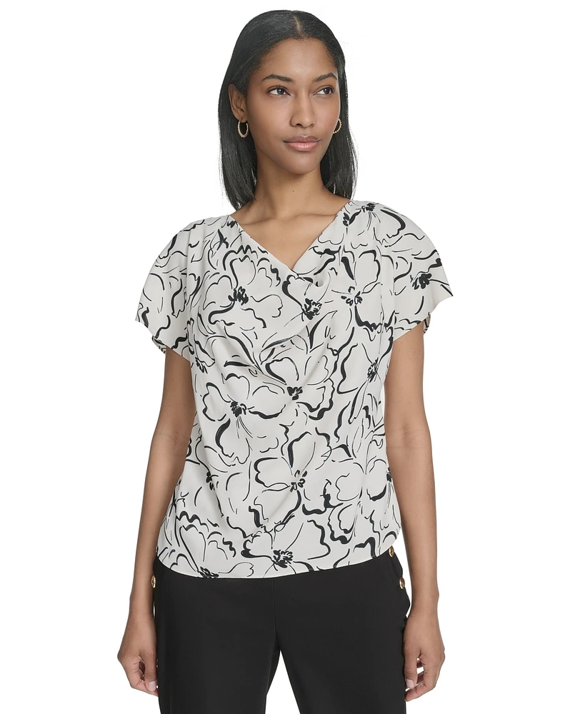 Halston Women's Printed Cap-Sleeve V-Neck Blouse