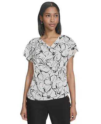 Halston Women's Printed Cap-Sleeve V-Neck Blouse