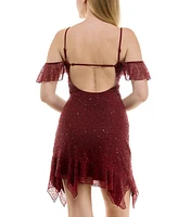 Seni & Cade Juniors' Ruffle-Trim Cutout Beaded Mini Dress