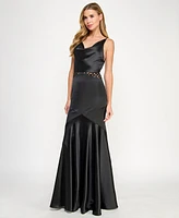 Seni & Cade Juniors' Satin Cowlneck Cutout Gown