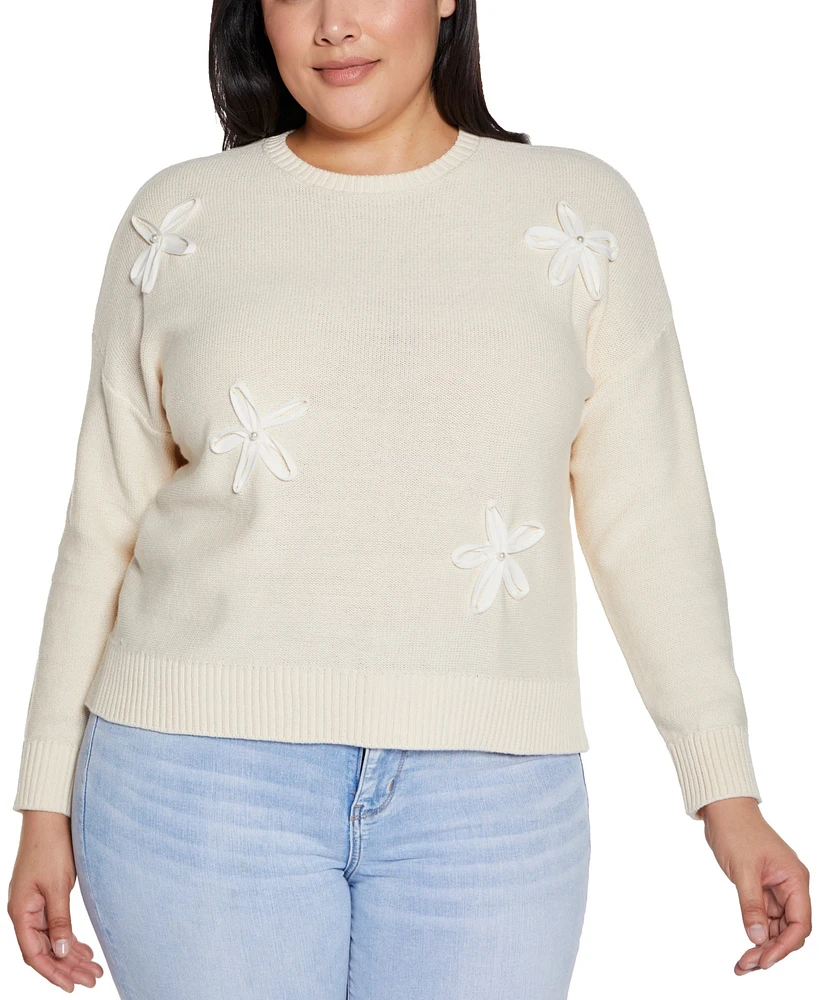 Belldini Plus 3D Floral Crewneck Trim Sweater