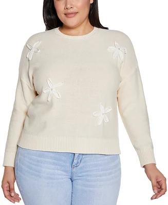 Belldini Plus 3D Floral Crewneck Trim Sweater