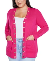 Belldini Plus Black Label Rhinestone Grommet Open-Front Cardigan Sweater