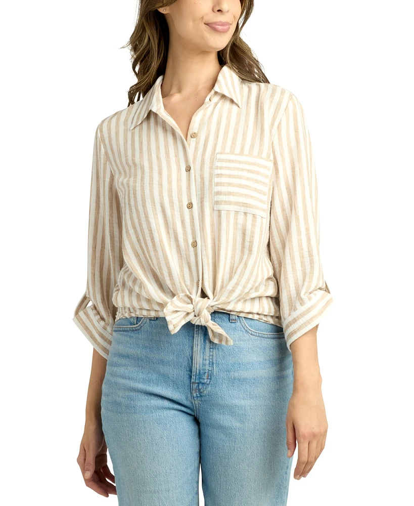 Bcx Juniors' Striped 3/4-Sleeve Tie-Front Shirt