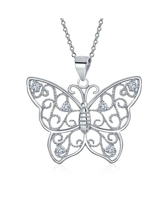 Bling Jewelry Large Filigree Butterfly Pendant Necklace with Cz Accents in Sterling Silver