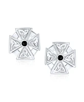 Bling Jewelry Unisex Black Stone Masonic Knight Templar Cross Stud Earrings in Sterling Silver