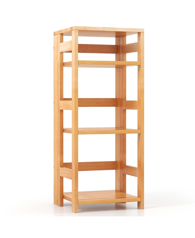 4-Tier Bookshelf Rubber Wood Bookcase with Side Fences for Living Room