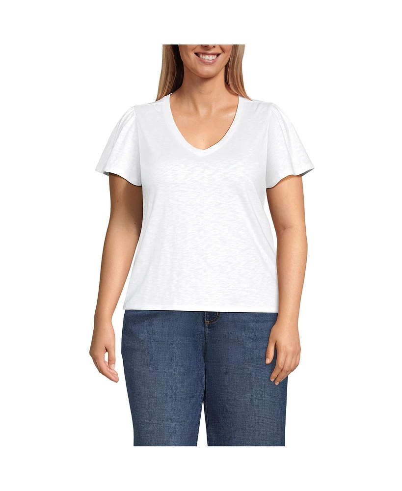 Lands' End Women's Plus Slub Flutter Sleeve V-Neck T-Shirt