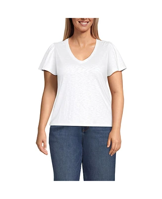 Lands' End Women's Plus Slub Flutter Sleeve V-Neck T-Shirt