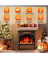 Kismile Realistic Flame Electric Fireplace Stove, 500/1500W Freestanding Fireplace Heater with Remote Control and Timer, Adjustable Fireplace Stove Fl
