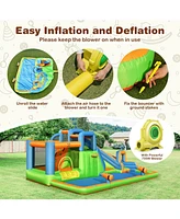 7-in-1 Inflatable Giant Water Park Bouncer with Dual Climbing Walls and 735W Blower